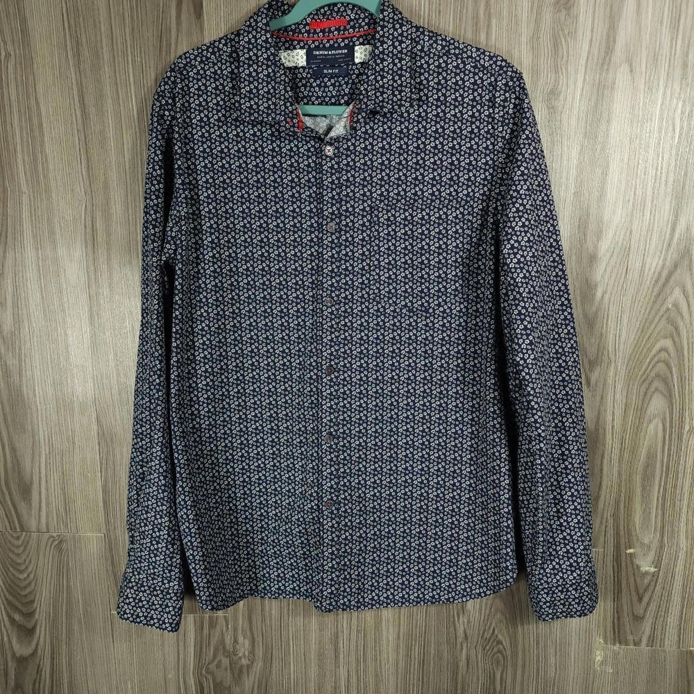 Denim & Flower Mens XL Slim Fit Navy Blue White Floral Clover Button Down Shirt